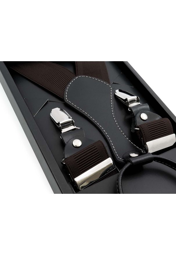 Modini - Brązowe/czekoladowe szelki męskie do spodni SZ12. Kolor: brązowy. Materiał: skóra, guma