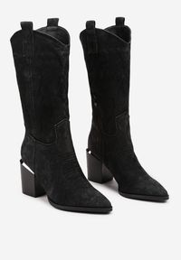 Born2be - Czarne Botki Kowbojki na Obcasie z Haftem Laora. Kolor: czarny. Materiał: jeans. Wzór: haft. Obcas: na obcasie. Styl: klasyczny, elegancki, boho. Wysokość obcasa: średni #4