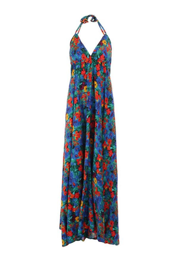 Born2be - Niebieska Sukienka Artasia. Kolor: niebieski. Długość rękawa: bez rękawów. Wzór: kwiaty, aplikacja, kolorowy. Sezon: lato. Typ sukienki: rozkloszowane. Styl: boho, wakacyjny. Długość: midi