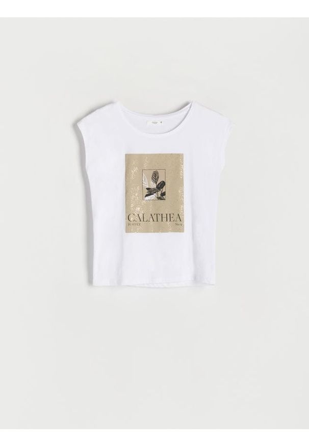 Reserved - T-shirt kimono z nadrukiem - biały. Kolor: biały. Materiał: bawełna, dzianina. Wzór: nadruk