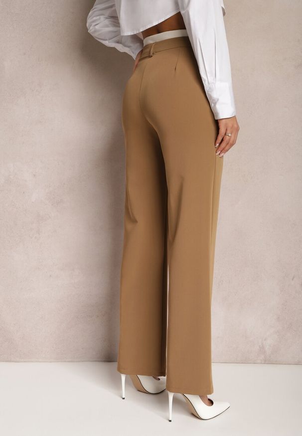 Renee - Jasnobrązowe Spodnie Garniturowe High Waist z Przeszyciami Variola. Stan: podwyższony. Kolor: brązowy. Styl: klasyczny