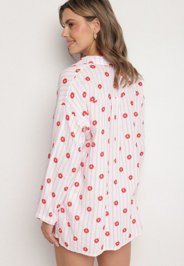 Born2be - Różowy Bawełniany Komplet Muślinowy Koszula i Szorty w Paski i Kwiatki Lavlimi. Kolor: różowy. Materiał: bawełna. Wzór: paski, kwiaty