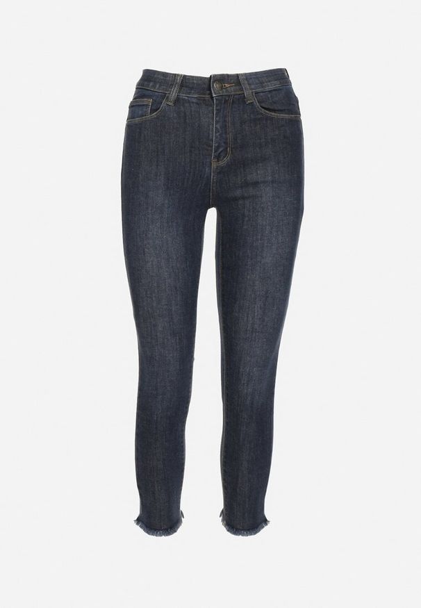 Born2be - Granatowe Jeansy o Fasonie Slim z Gumką w Pasie Belirane. Okazja: na co dzień. Kolor: niebieski. Wzór: aplikacja. Styl: klasyczny, elegancki, casual