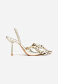 Renee - Złote Sandały na Szpilce Slingback Ozdobione Kokardą Terrafera. Kolor: złoty. Materiał: jeans. Wzór: aplikacja. Obcas: na szpilce. Styl: klasyczny, elegancki #6