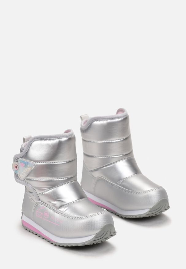 Born2be - Srebrne Śniegowce na Grubej Podeszwie z Aplikacją 3D Uletta. Zapięcie: rzepy. Kolor: srebrny. Materiał: materiał, futro. Wzór: aplikacja