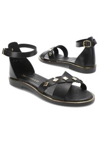 Czarne Sandały Armodo Stylowe Obuwie Damskie. Zapięcie: pasek. Kolor: czarny. Materiał: skóra, jeans. Wzór: paski. Obcas: na obcasie. Styl: elegancki. Wysokość obcasa: niski #4