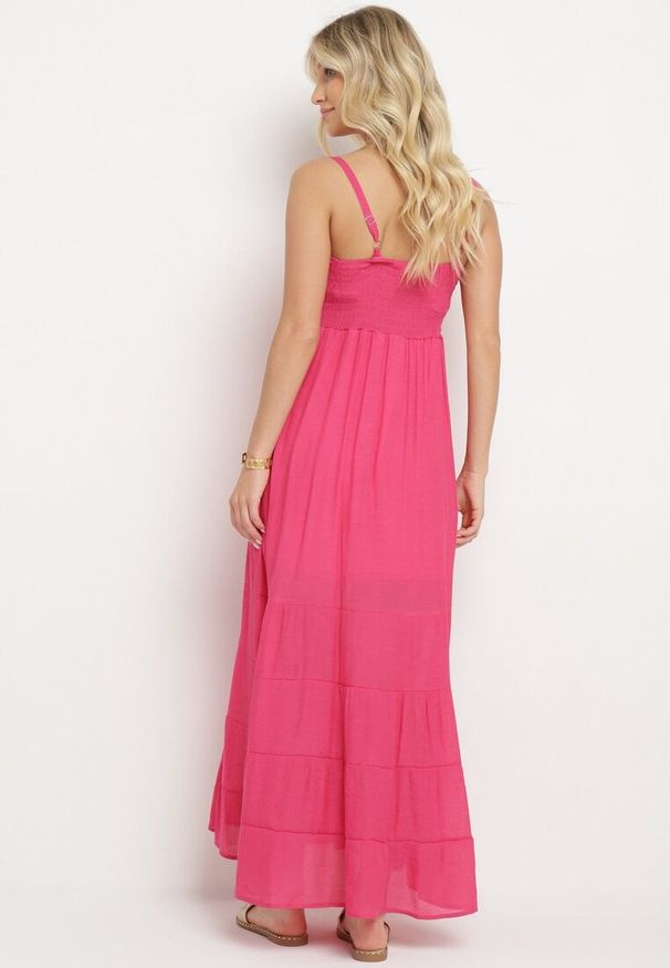 Born2be - Fuksjowa Sukienka z Bawełną na Regulowanych Ramiączkach z Elastyczną Gumką na Plecach Tinathias. Okazja: na co dzień, na spacer. Kolor: różowy. Materiał: bawełna. Długość rękawa: na ramiączkach. Sezon: lato. Typ sukienki: proste. Styl: casual, klasyczny