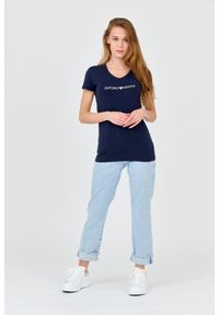 Emporio Armani - EMPORIO ARMANI Damski t-shirt granatowy, Rozmiar S. Typ kołnierza: dekolt w serek. Kolor: niebieski. Materiał: bawełna
