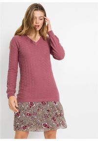 Sukienka dzianinowa ze spódniczką z tkaniny bonprix kremowy jeżynowy - beżowo-jasnoróżowy w kwiaty. Kolor: fioletowy. Materiał: tkanina, dzianina. Wzór: kwiaty #6