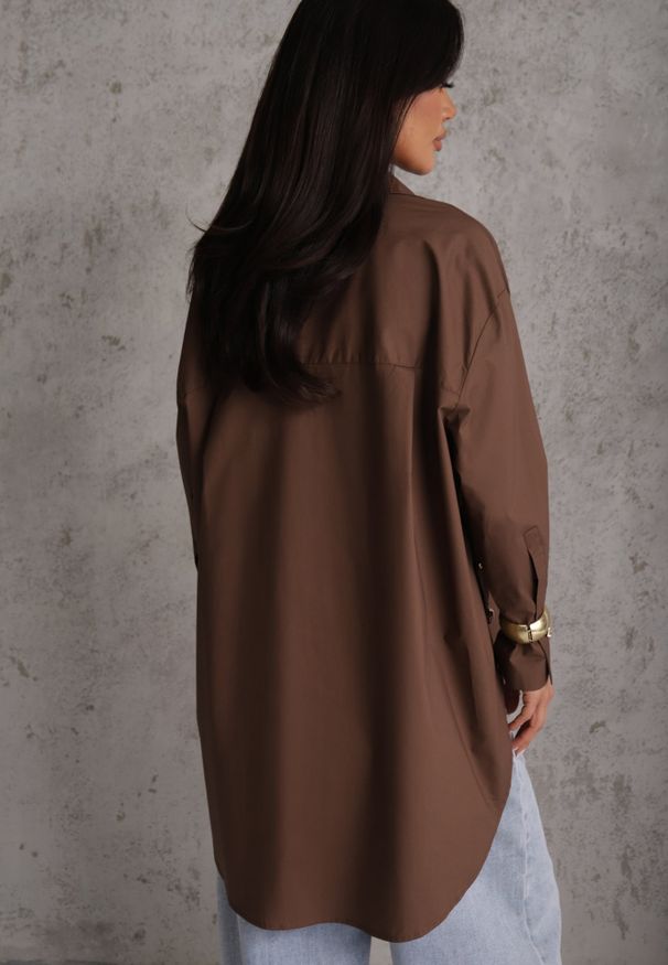 Renee - Brązowa Oversizowa Koszula z Bawełny z Eleganckimi Guzikami Rhenenore. Okazja: na co dzień. Kolor: brązowy. Materiał: bawełna. Długość: długie. Wzór: gładki. Styl: elegancki