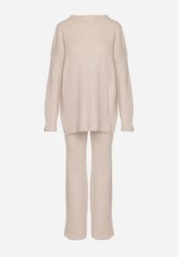 Born2be - Jasnobeżowy Komplet z Bawełną i Wełną Sweter z Guzikami i Proste Spodnie Reisadia. Kolor: beżowy. Materiał: wełna, bawełna #6