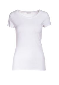 Born2be - Biały T-shirt Gathanthei. Okazja: na co dzień, do domu. Kolor: biały. Materiał: dzianina, jeans, dresówka, bawełna. Długość rękawa: krótki rękaw. Długość: krótkie. Wzór: gładki. Styl: sportowy, casual, klasyczny