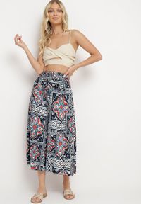 Born2be - Granatowe Bawełniane Spodnie Culotte z Wysokim Stanem i Gumką w Talii w Boho Stylu Olovia. Stan: podwyższony. Kolor: niebieski. Materiał: bawełna. Styl: boho #5