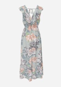 Renee - Miętowa Rozkloszowana Sukienka w Kwiatowy Wzór z Falbanami i Wiązaniem Kerna. Typ kołnierza: kołnierz z falbankami. Kolor: miętowy. Materiał: materiał. Długość rękawa: bez rękawów. Wzór: kwiaty. Długość: maxi #5