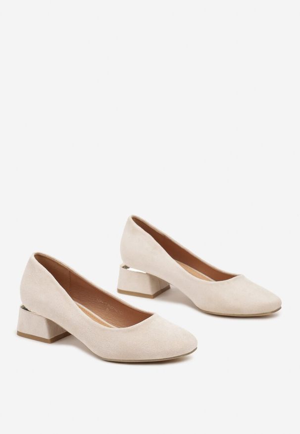 Renee - Beżowe Czółenka z Wkładką z Naturalnej Skóry i Metaliczną Wstawką Sariann. Kolor: beżowy. Materiał: skóra. Obcas: na obcasie. Styl: elegancki. Wysokość obcasa: średni