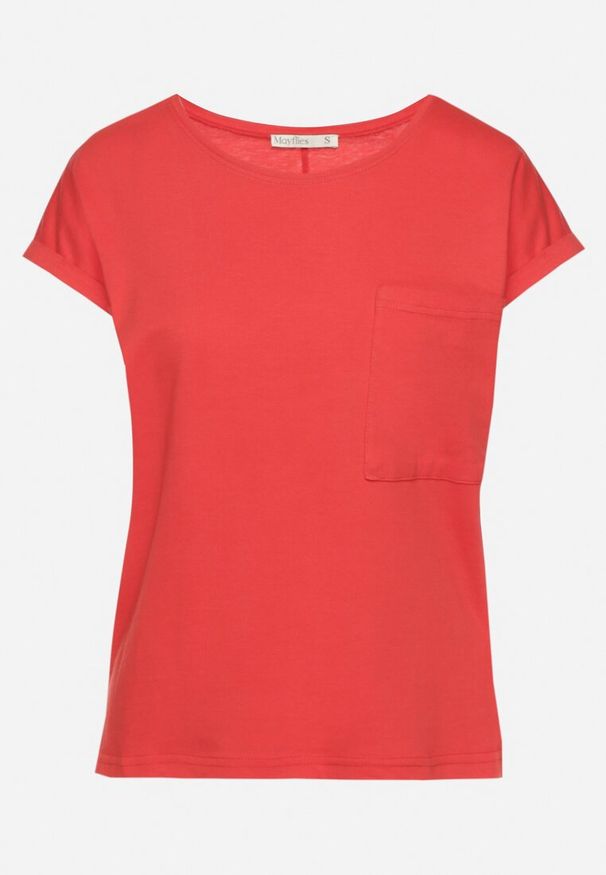 Born2be - Czerwony T-shirt z Bawełny Ozdobiony Kieszonką Ziarene. Okazja: na co dzień. Kolor: czerwony. Materiał: bawełna. Wzór: aplikacja. Styl: sportowy, casual