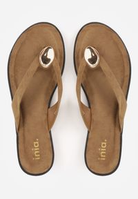 Renee - Ciemnobeżowe Japonki Płaskie w Stylu Boho z Metalicznym Akcentem Nephe. Okazja: na co dzień. Kolor: beżowy. Materiał: len. Sezon: lato. Styl: boho #3