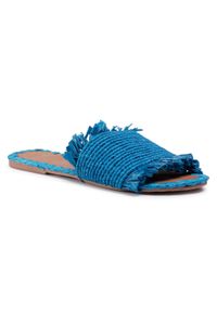 Manebi - Klapki MANEBI - Leather Sandals S 1.9 Y0 Electric Blue Fringed. Kolor: niebieski. Materiał: materiał, skóra. Wzór: aplikacja. Sezon: lato. Obcas: na obcasie. Wysokość obcasa: średni #1