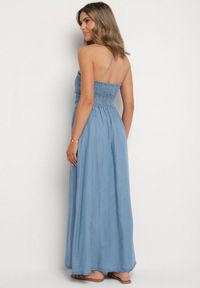 Born2be - Granatowa Sukienka Rozkloszowana z Dekoltem Typu Bandeau Mavilore. Okazja: na co dzień, na imprezę. Kolor: niebieski. Materiał: skóra. Wzór: aplikacja. Typ sukienki: rozkloszowane. Styl: klasyczny, casual, elegancki, wizytowy #5