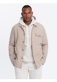 Ombre Clothing - Lekka flauszowa męska kurtka z dodatkiem wiskozy – beżowa V1 - Rozmiar: S. Okazja: na co dzień. Typ kołnierza: kołnierzyk klasyczny. Kolor: beżowy. Materiał: wiskoza. Styl: casual, klasyczny, wizytowy #1