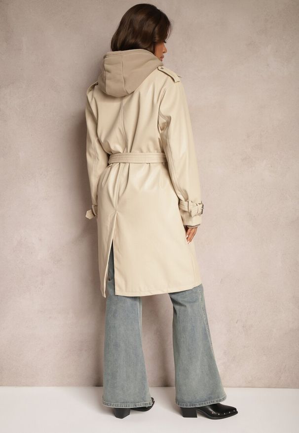 Renee - Ciemnobeżowy Płaszcz Trencz z Paskiem w Talii i Kieszeniami Mailora. Okazja: na co dzień, na spotkanie biznesowe. Kolor: beżowy. Materiał: jeans. Długość rękawa: długi rękaw. Długość: długie. Styl: biznesowy, casual, elegancki, klasyczny