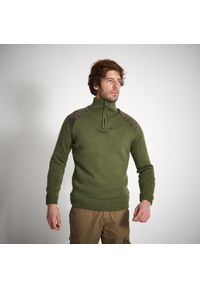Sweter outdoor SOLOGNAC 900 wełna. Typ kołnierza: kołnierzyk stójkowy. Kolor: zielony. Materiał: wełna, materiał, poliester. Długość: długie. Sport: outdoor