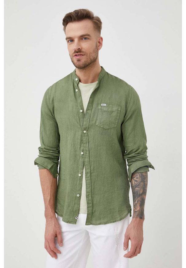 Pepe Jeans koszula lniana PATWIN męska kolor zielony regular ze stójką. Typ kołnierza: kołnierzyk stójkowy. Kolor: zielony. Materiał: len