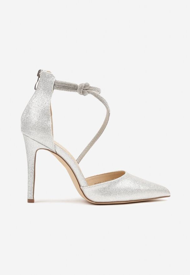 Renee - Srebrne Eleganckie Szpilki z Cyrkoniowymi Paskami Alennia. Zapięcie: pasek. Kolor: srebrny. Materiał: jeans. Obcas: na szpilce. Styl: elegancki. Wysokość obcasa: średni
