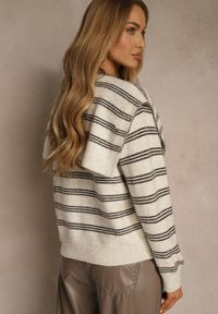 Renee - Beżowy Kardigan z Dodatkiem Wełny Zdobiony Wzorem w Paski i Narzutką Fedira. Okazja: na co dzień. Kolor: beżowy. Materiał: wełna. Długość: krótkie. Wzór: paski, aplikacja. Styl: casual, klasyczny #2