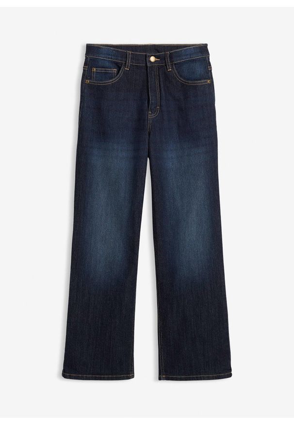 bonprix - Dżinsy ocieplane, wide leg, z dżersejową podszewką, mid waist. Kolor: niebieski