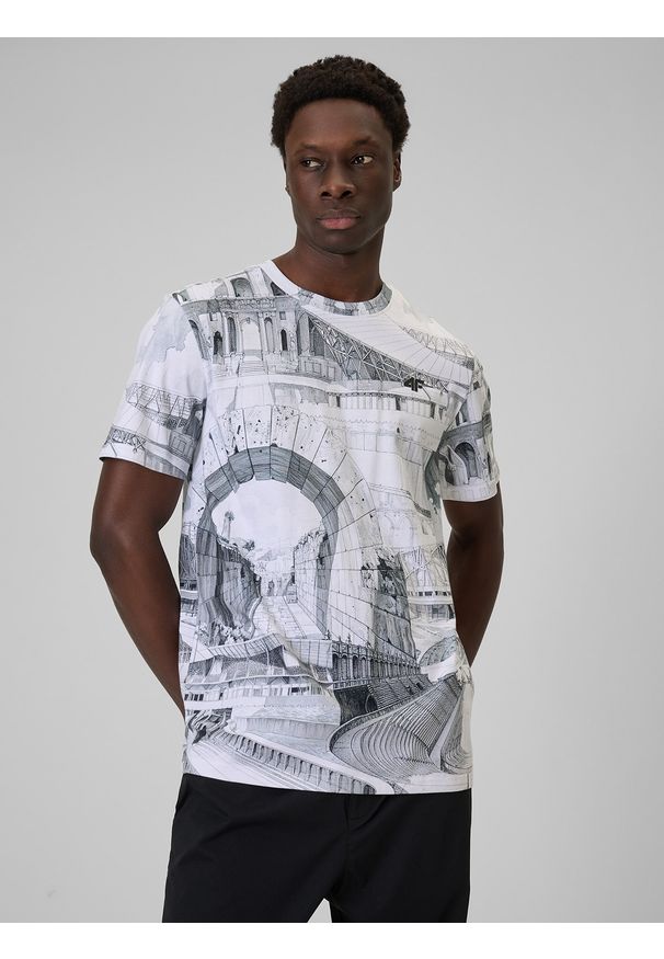 4f - 4F T-shirt regular z nadrukiem męski - czarno-biały L. Okazja: na co dzień. Kolor: wielokolorowy. Materiał: materiał. Wzór: nadruk. Styl: casual