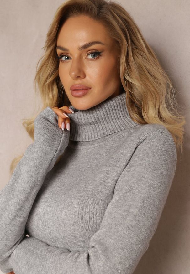 Renee - Jasnoszara Klasyczna Basic Sukienka Midi Sweterkowa z Golfem Abele. Typ kołnierza: golf. Kolor: szary. Typ sukienki: proste. Styl: klasyczny. Długość: midi