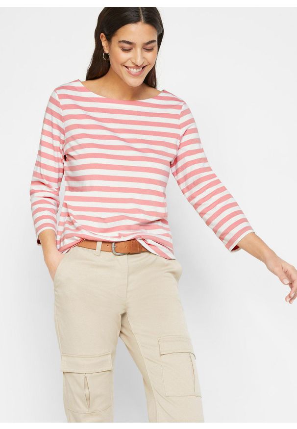 bonprix - Bluzka z dekoltem w łódkę. Kolor: różowy. Materiał: bawełna