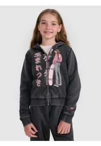 4f - 4F Bluza dresowa rozpinana z kapturem dziewczęca - szara 122 (6-7 lat). Okazja: na spacer, na uczelnię, na co dzień. Typ kołnierza: kaptur. Kolor: szary. Materiał: dresówka. Sezon: lato. Styl: sportowy, casual