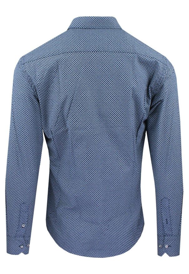 Męska Koszula, Taliowana (Slim Fit) - Rigon - Granat, Wzór. Okazja: do pracy, na spotkanie biznesowe. Kolor: niebieski. Materiał: poliester, bawełna, elastan. Długość rękawa: długi rękaw. Długość: długie. Styl: wizytowy, biznesowy, elegancki