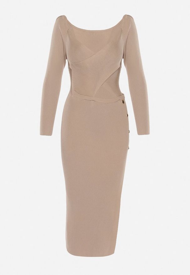 Born2be - Beżowa Sukienka z Wycięciem na Brzuchu z Ozdobnymi Guzikami i Rozcięciem na Dole Majanna. Okazja: na imprezę. Kolor: beżowy. Wzór: aplikacja. Typ sukienki: dopasowane. Długość: midi