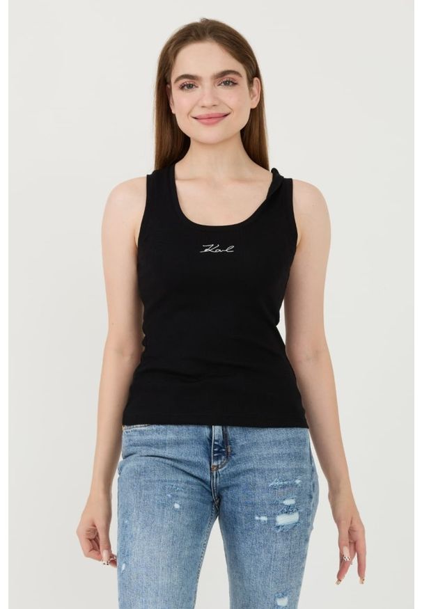 Karl Lagerfeld - KARL LAGERFELD Czarny damski top Logo Rib Tank, Rozmiar L. Kolor: czarny