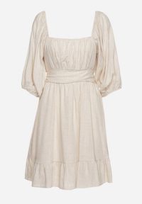 Born2be - Beżowa Rozkloszowana Sukienka z Wiskozą i Lnem z Gumką w Talii Falbanką i Podszewką Vilemia. Okazja: na co dzień. Kolor: beżowy. Materiał: len, wiskoza. Typ sukienki: rozkloszowane, proste. Styl: casual #3