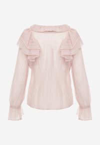 Born2be - Różowa Bluzka z Lyocellem Ozdobiona Falbanami i Wiązaniem Esathra. Okazja: na co dzień. Kolor: różowy. Materiał: jeans. Wzór: aplikacja. Styl: casual, elegancki #2