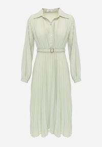 Renee - Zielona Koszulowa Sukienka z Plisowanymi Zdobieniami i Paskiem z Klamrą Efrivelle. Okazja: na co dzień. Kolor: zielony. Długość rękawa: długi rękaw. Wzór: aplikacja. Typ sukienki: koszulowe. Styl: casual, elegancki, klasyczny #8