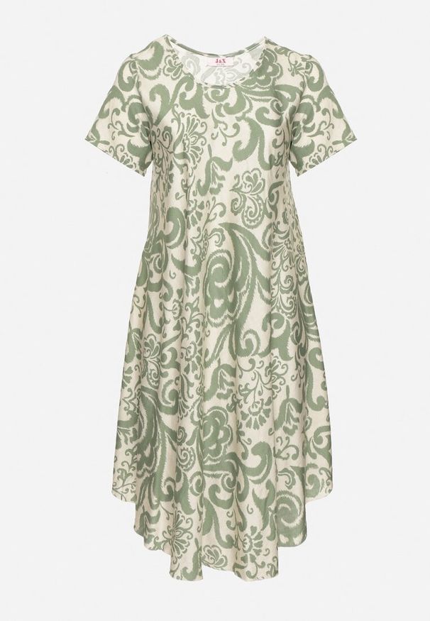 Born2be - Zielona Rozkloszowana Sukienka z Wiskozy z Geometrycznym Wzorem Emisova. Okazja: na co dzień. Kolor: zielony. Materiał: wiskoza. Długość rękawa: krótki rękaw. Wzór: geometria. Styl: casual, elegancki