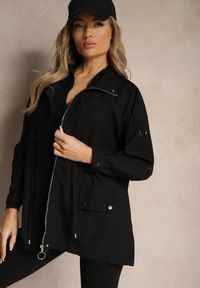 Renee - Czarna Kurtka Parka z Dodatkiem Bawełny Wykończona Troczkami Zapinana na Napy Velona. Okazja: na co dzień, na spacer. Kolor: czarny. Materiał: bawełna. Styl: casual, elegancki #5