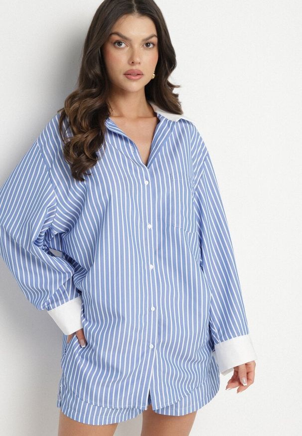 Born2be - Niebieska Koszula w Paski z Kontrastowymi Mankietami i Kołnierzykiem Zarona. Okazja: na co dzień. Typ kołnierza: kołnierzyk klasyczny. Kolor: niebieski. Materiał: jeans. Wzór: paski. Styl: klasyczny, elegancki, casual