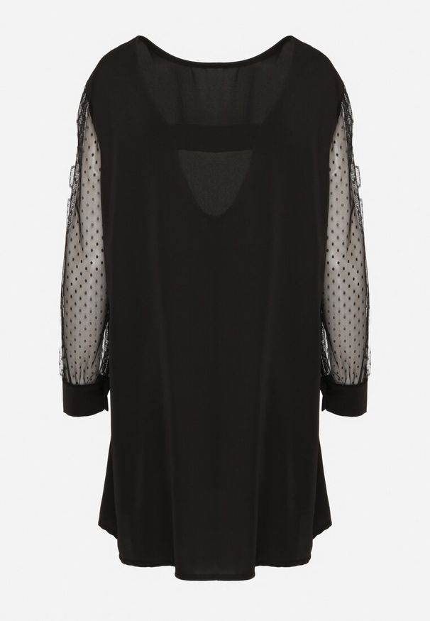 Born2be - Czarna Trapezowa Sukienka z Transparentnymi Rękawami i Wycięciem na Plecach Sannara. Okazja: na co dzień. Kolor: czarny. Materiał: jeans. Typ sukienki: trapezowe. Styl: klasyczny, casual, elegancki