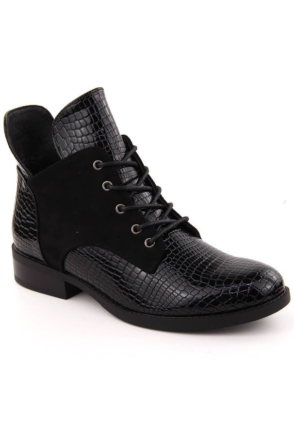 Botki damskie lakierowane kroko czarne Vinceza 16477. Kolor: czarny. Materiał: zamsz. Szerokość cholewki: normalna