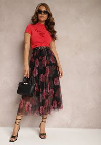 Renee - Czarno-Różowa Plisowana Spódnica High Waist z Kwiatowym Printem Frosa. Stan: podwyższony. Kolor: czarny. Materiał: tkanina. Wzór: nadruk, kwiaty