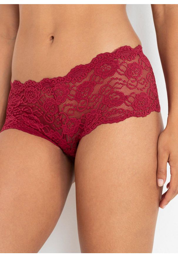 bonprix - Figi panty z koronką 2 +1 (3 pary). Kolor: czerwony. Materiał: koronka. Wzór: koronka