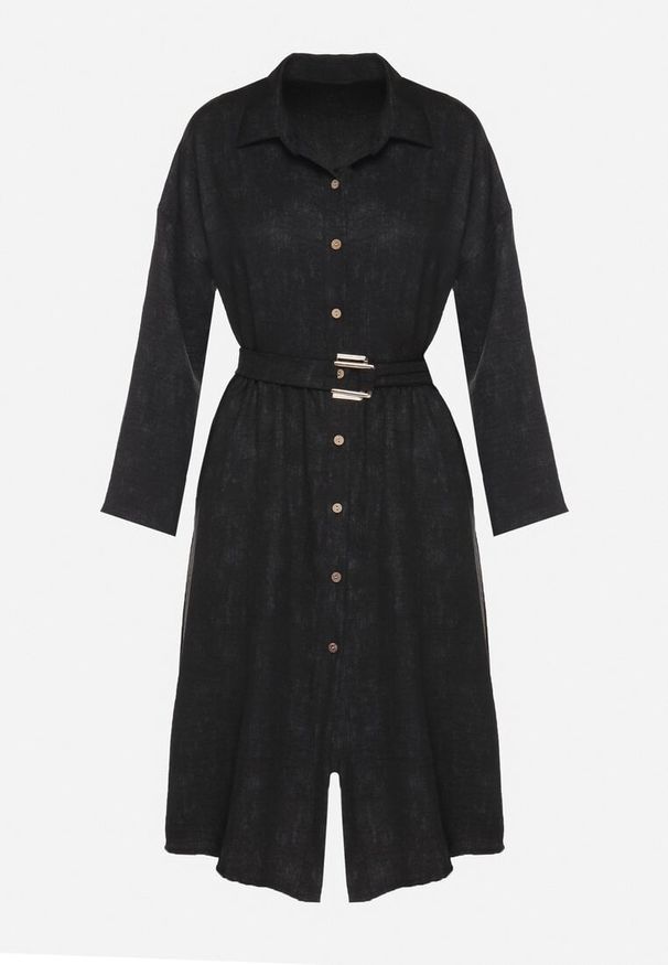 Born2be - Czarna Sukienka o Koszulowym Kroju z Paskiem z Klamrą Evelmio. Okazja: na co dzień. Typ kołnierza: kołnierzyk klasyczny. Kolor: czarny. Materiał: jeans. Długość rękawa: długi rękaw. Typ sukienki: koszulowe. Styl: klasyczny, casual, elegancki