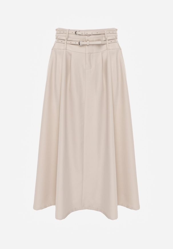 Renee - Jasnobeżowa Rozkloszowana Spódnica w Stylu Preppy z Kieszeniami i Podwójnym Paskiem Doripla. Okazja: na co dzień. Kolekcja: plus size. Kolor: beżowy. Długość: krótkie. Wzór: paski. Styl: casual, elegancki