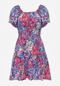 Renee - Granatowa Rozkloszowana Sukienka Mini z Gumkami w Pasie i Krótkimi Rękawami z Wiskozy Merrelle. Typ kołnierza: kołnierz z falbankami, dekolt hiszpanka. Kolor: niebieski. Materiał: wiskoza. Długość rękawa: krótki rękaw. Sezon: wiosna, lato. Długość: mini #5